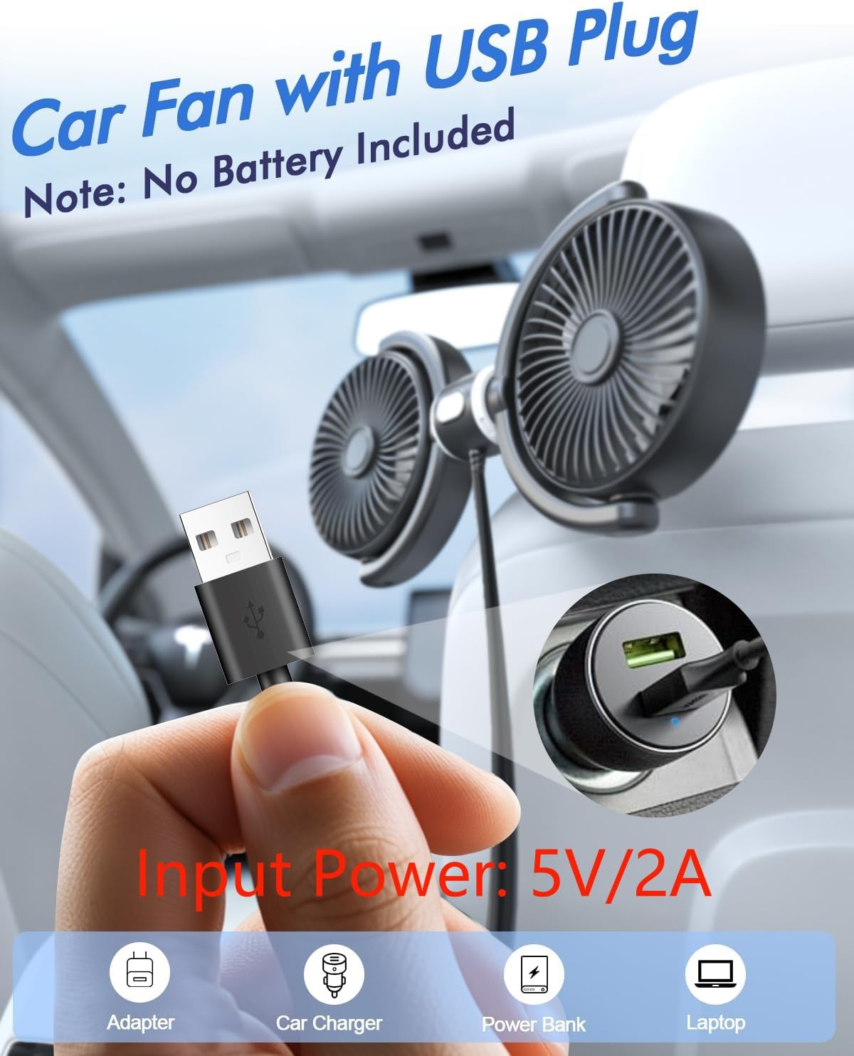 Car Fan USB Powered for Baby: Dual Car Cooling Fans for Backseat 3 Speed Separate Controlled Quiet Brushless Motor 360° Rotatable 5V 2A Rear Seat Air Circulation for Vehicle Van Truck SUV RV(USB Plug)