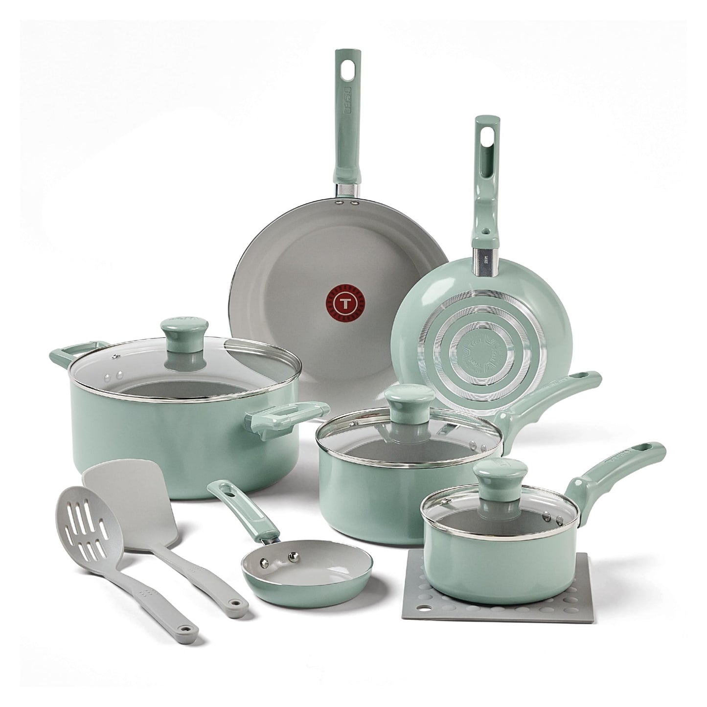 T-Fal Refresh Ceramic Nonstick Cookware Set, Oven Safe Up to 350ºF, 12-Piece, Includes Stockpot, Griddle, Frying Pans, Utensils, Ceramic Pots and Pans Set, Mint Green