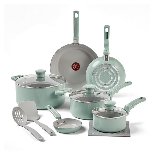 T-Fal Refresh Ceramic Nonstick Cookware Set, Oven Safe Up to 350ºF, 12-Piece, Includes Stockpot, Griddle, Frying Pans, Utensils, Ceramic Pots and Pans Set, Mint Green