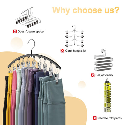 Volnamal Legging Organizer for Closet, Metal Yoga Pants Hangers 2 Pack w/10 Clips Holds 20 Leggings, Space Saving Hanging Closet Organizer w/Rubber Coated Closet Organizers and Storage, Black