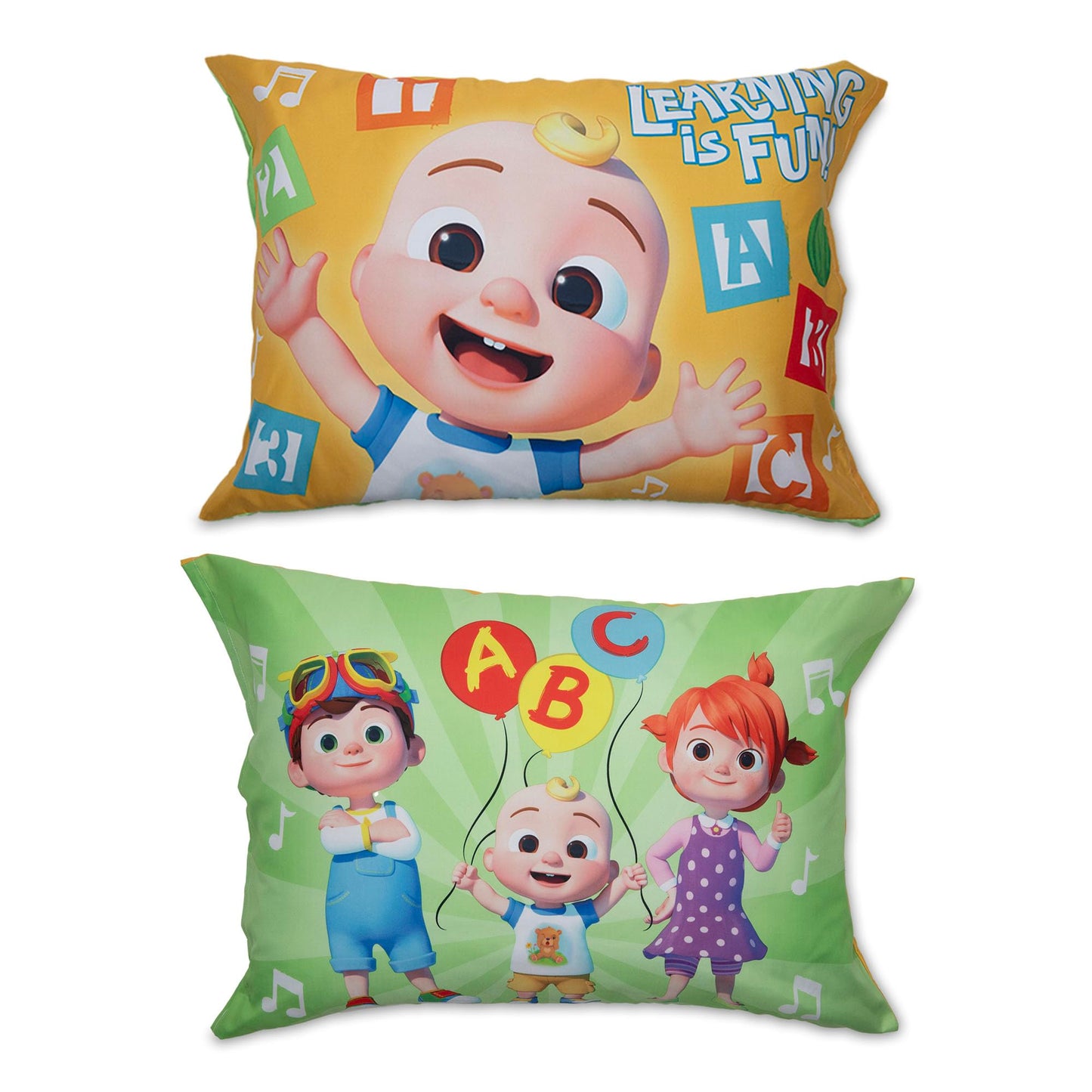 CoComelon Learning is Fun 4 Piece Toddler Bedding Set – Includes Comforter, Sheet Set – Fitted + Top Sheet + Reversible Pillowcase for Boys and Girls Bed, Letters and Music Design, Orange