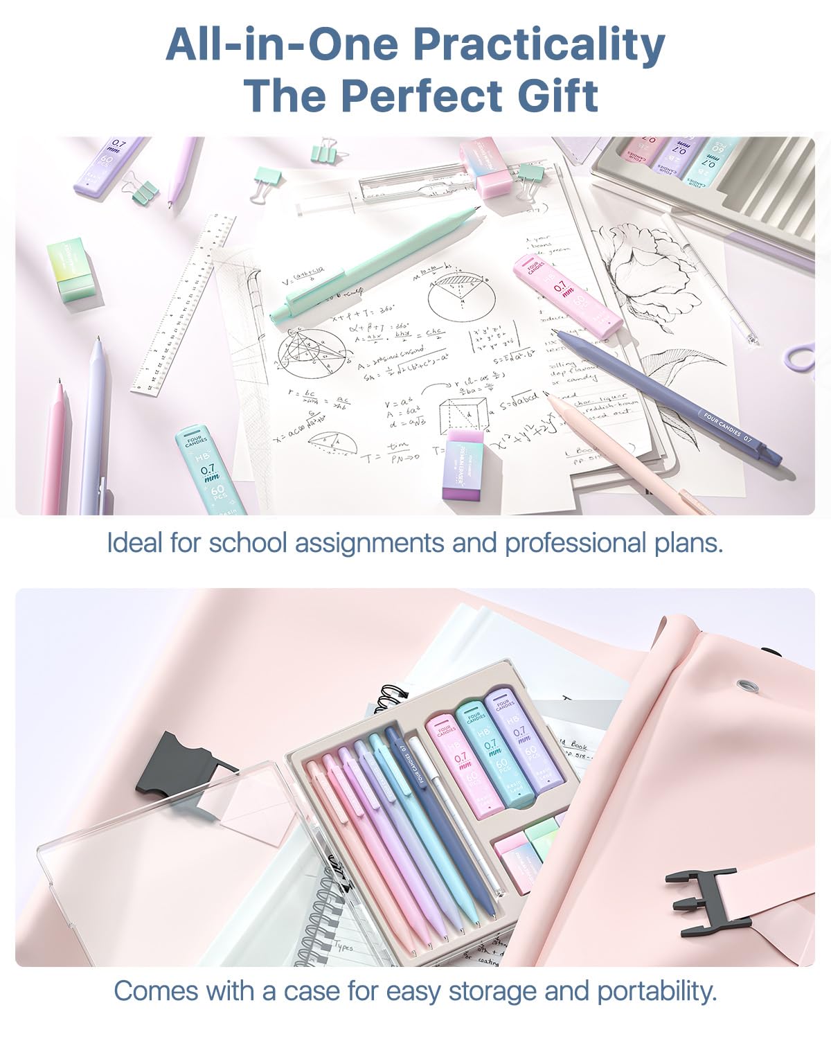 Four Candies Mechanical Pencils 0.7mm, with HB & 2B Lead Refills 0.7, Pastel Eraser Set & Eraser Refills, 16-Count Pack with Case, Cute Aesthetic School Supplies for Writing, Drawing and Sketching