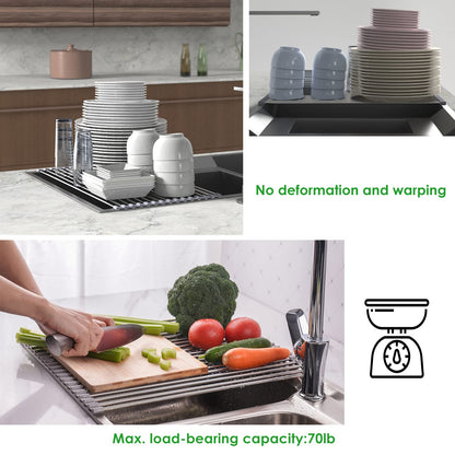 Tomorotec Roll Up Dish Drying Rack Over The Sink Grey Large Dish Drying Rack Rolling Foldable Collapsible SUS304 Stainless Steel Multipurpose Dish Drainer for Kitchen Counter (21”x15.7”)