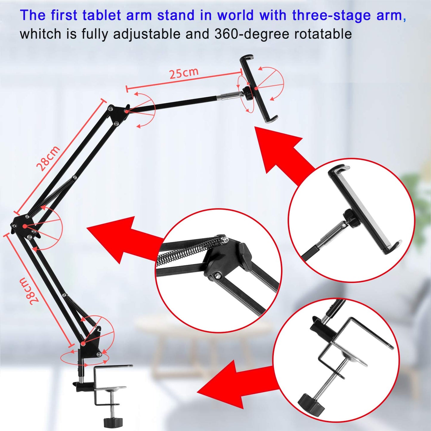Tablet Stand Adjustable,Foldable Arm Stand for Bed,Aluminum Universal Flexible Tablet Holder with 360 Degree Rotation Compatible with iPad/iPhoneX/iPad Pro/N-Switch,or Other 4.5~12.9 Inches Devices