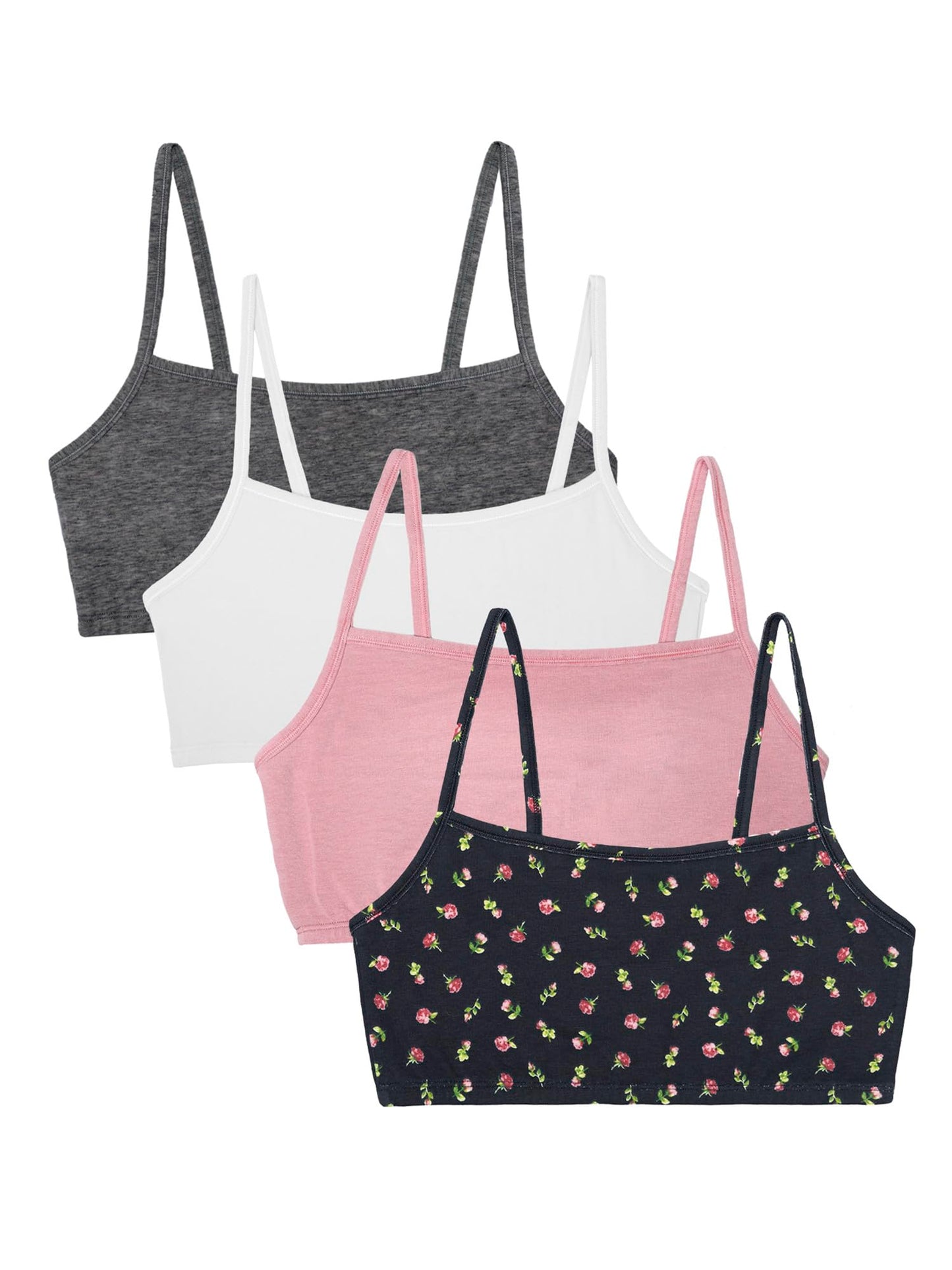 Fruit of the Loom Women's Spaghetti Strap Cotton Pullover Sports Bra Value Pack, Dancing Rosebuds/Lilas/White/Charcoal