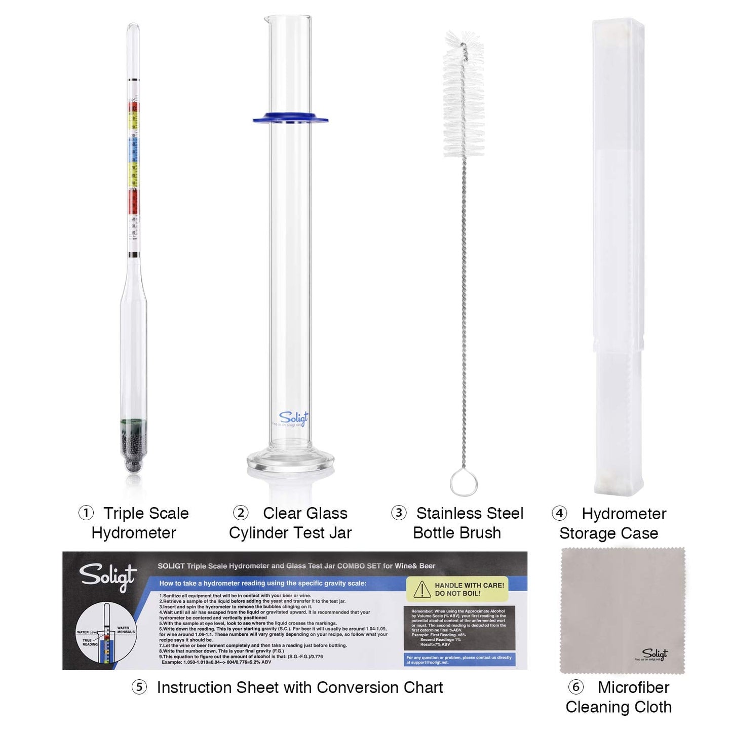 SOLIGT Triple Scale Hydrometer and Glass Test Jar for Wine, Beer, Mead & Cider - ABV, Brix and Gravity Test Kit