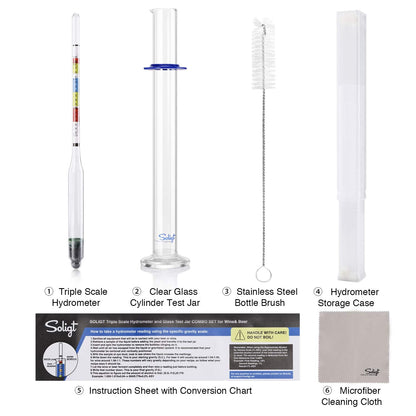 SOLIGT Triple Scale Hydrometer and Glass Test Jar for Wine, Beer, Mead & Cider - ABV, Brix and Gravity Test Kit