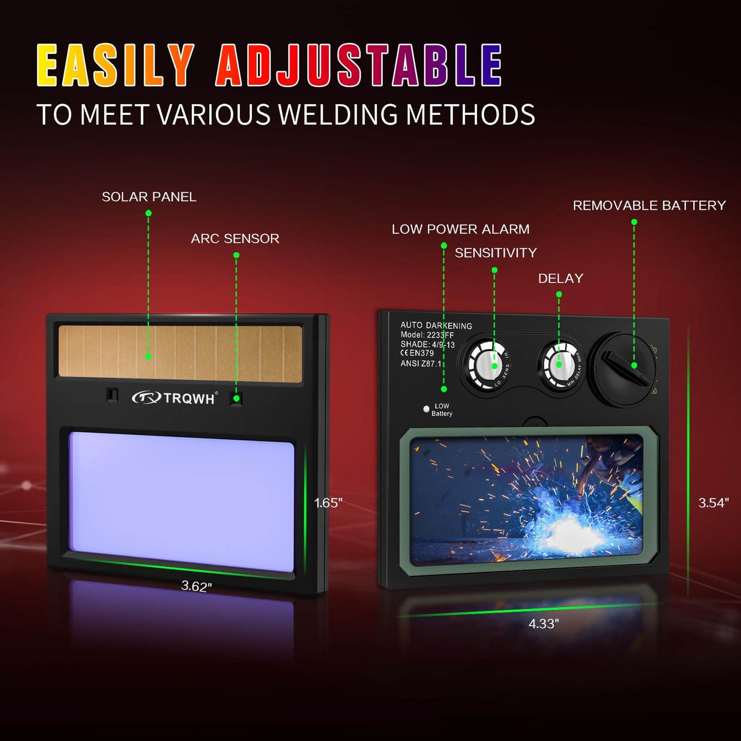 TRQWH Welding Helmet with Light True Color Auto Darkening Welding Helmets for Men Solar Powered Welding Hood with 2 Arc Sensor Wide Shade 4/9-13 for TIG MIG ARC Cool Welder Mask (TRQ-HD12)