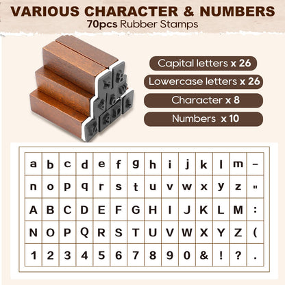 UCEC 70pcs Alphabet Stamps for Clay, Rubber Letter Stamps for Crafting, Wooden Letter Number and Symbol Stamp Set for Scrapbooking Supplies DIY Craft Card Making