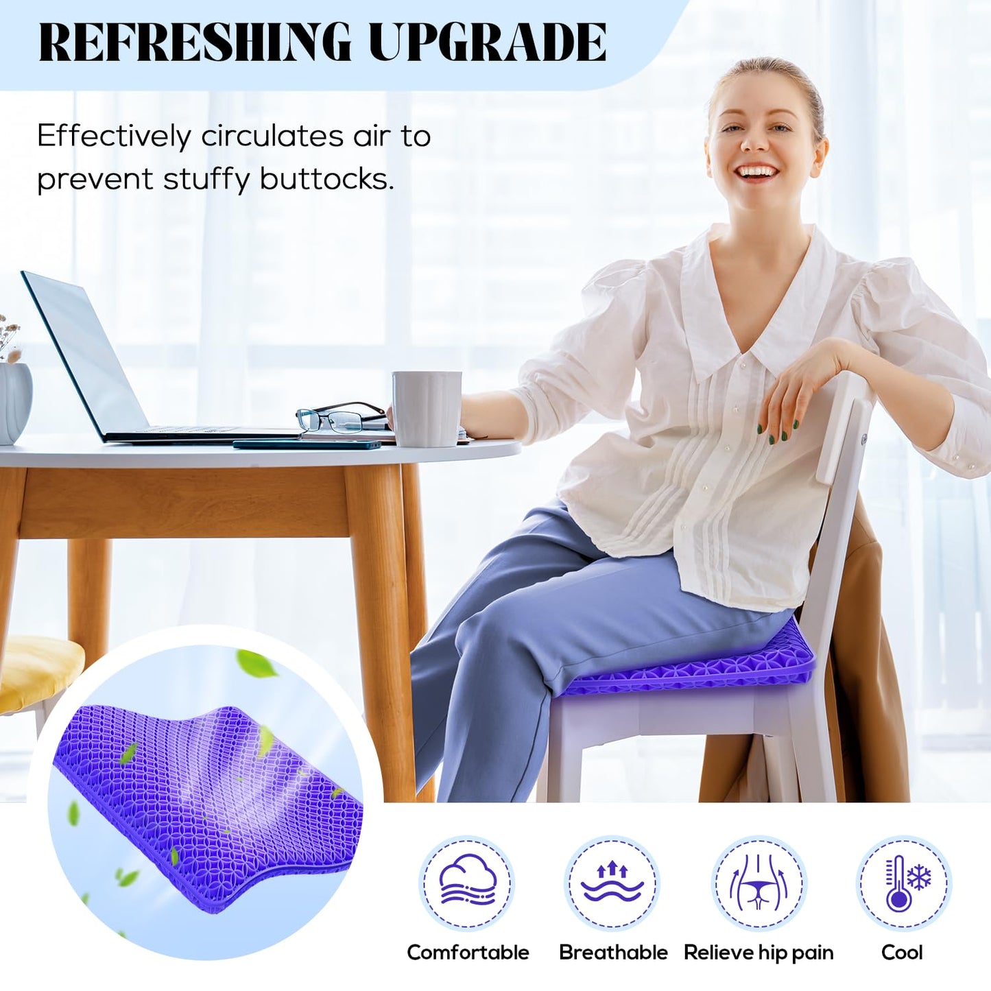 Seat Cushion, Thickened Big Gel Seat Cushion, Strong Support, Sciatica & Back Pain Relief, Breathable Cool Suitable as Office Chair Cushion, Car Seat Cushion, Wheelchair Cushions, 2 Non-Slip Covers