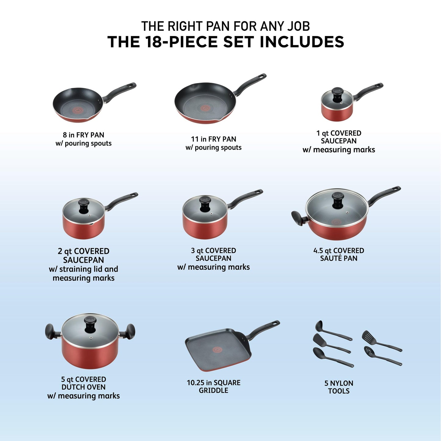 T-fal Initiatives Nonstick Cookware Set 18 Piece, Oven Broiler Safe 350F, Kitchen Cooking Set w/Fry Pans, Saucepans, Saute Pan, Dutch Oven, Griddle, Pots and Pans, Home, Dishwasher Safe, Red
