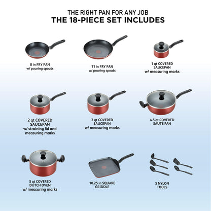 T-fal Initiatives Nonstick Cookware Set 18 Piece, Oven Broiler Safe 350F, Kitchen Cooking Set w/Fry Pans, Saucepans, Saute Pan, Dutch Oven, Griddle, Pots and Pans, Home, Dishwasher Safe, Red