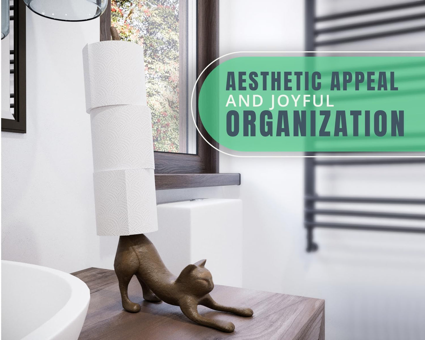 Yoga Cat Decorative Paper Towel Holder or Toilet Paper Holder - Adorable Downward Dog Pose Kitty - Cast Iron Paper Towel Stand - Antiqued Cast Iron Storage - Multiple uses - 19” Tall