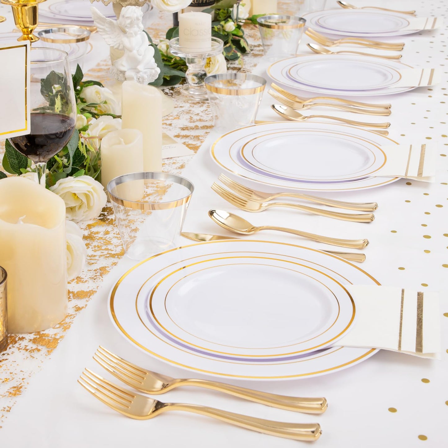 GATHER 176 Pieces Gold Dinnerware Disposable - White and Gold Plastic Plates Includes 50 Plates, 25 Plastic Silverware, 25 Napkins, 25 Cups and 1 Tablecloth for Wedding Party