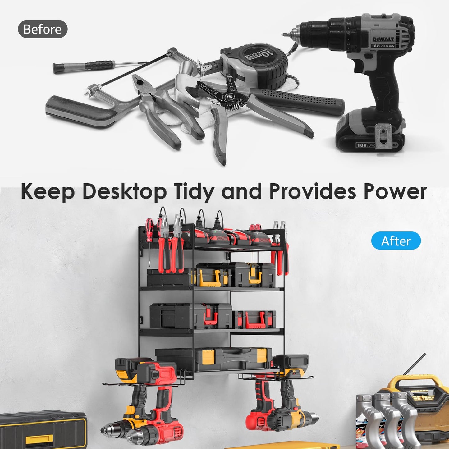 CCCEI Garage Tools Storage with Charging Station. Power Tool Battery Organizer Utility Shelf with Power Strip. 4 Drills Holder Wall Mount Rack, Black 4 Layer.