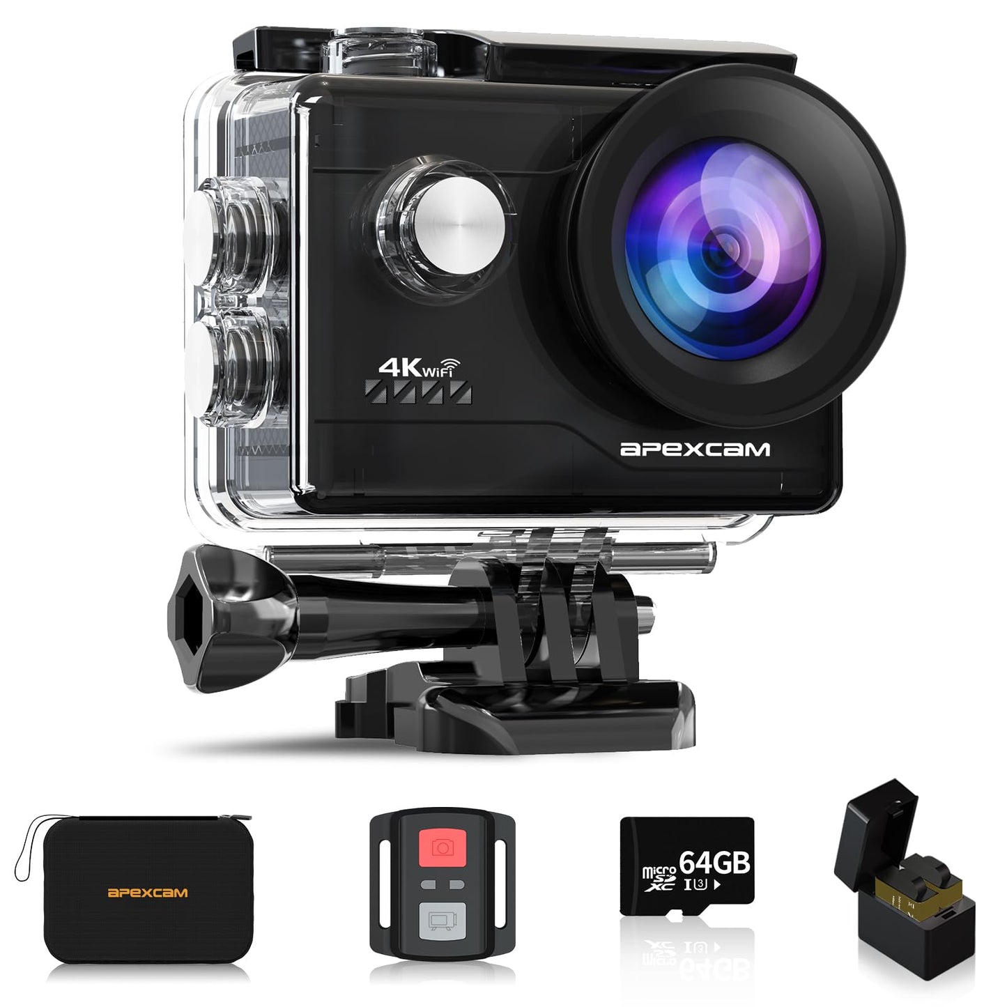 Apexcam Action Camera 4K with 64G SD Card Sport Cameras 20MP 131FT Waterproof Underwater Camera 170°Wide-Angle WiFi Camera with 2.4G Remote Control, 2 Batteries, Mounting Accessories Kits