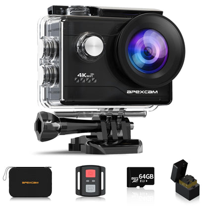 Apexcam Action Camera 4K with 64G SD Card Sport Cameras 20MP 131FT Waterproof Underwater Camera 170°Wide-Angle WiFi Camera with 2.4G Remote Control, 2 Batteries, Mounting Accessories Kits
