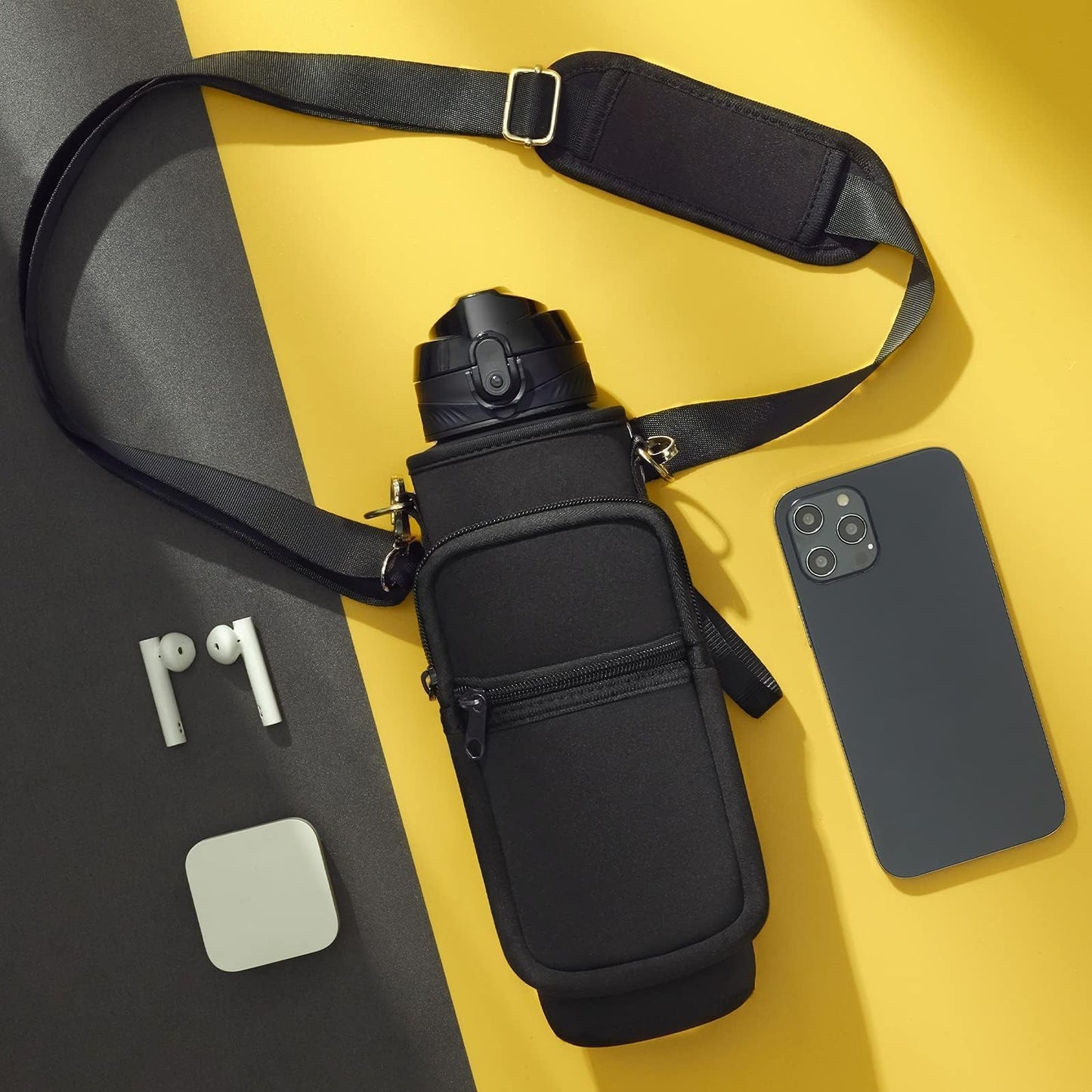 Fimibuke 32 oz Water Bottle with Sleeve - BPA Free Leakproof Sport Large 1L Plastic Motivational Water Bottle with Straw & Strap & Insulated Neoprene Holder Carrier Bag for Women Men(A1.Black)