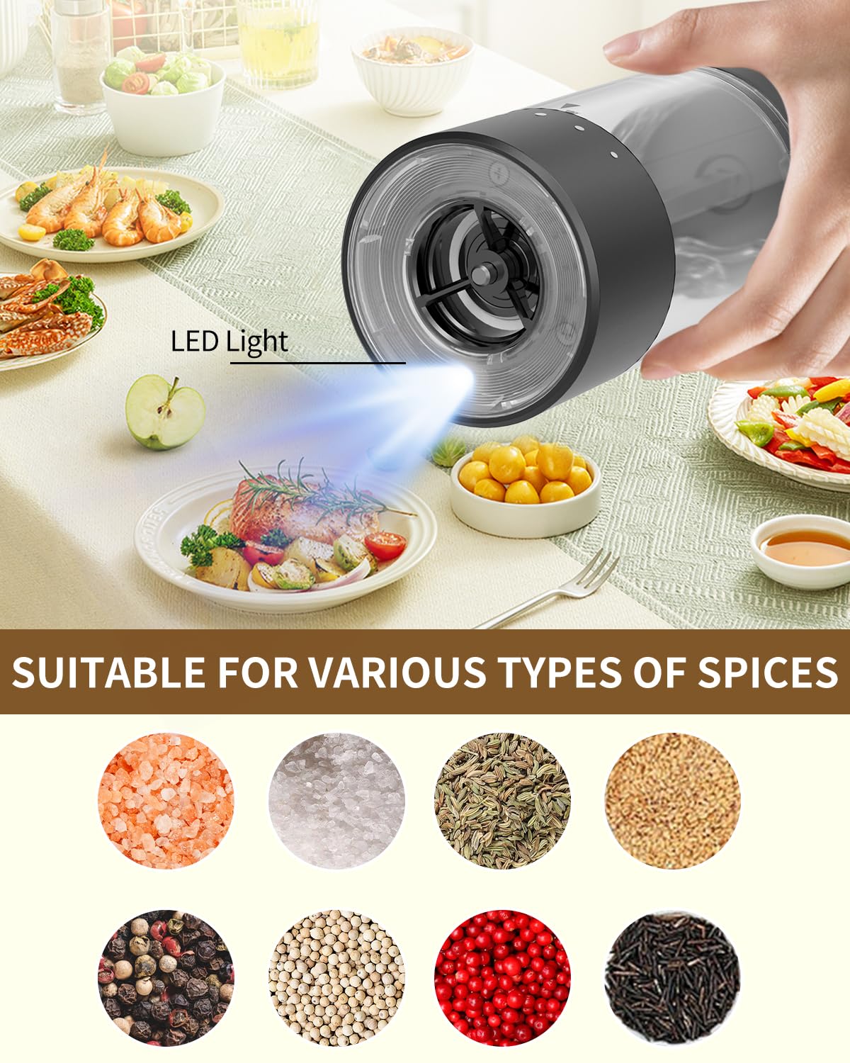 CIRCLE JOY Electric Salt and Pepper Grinder Set Rechargeable Salt and Pepper Mills with 6-Level External Adjustable Coarseness, White LED Light and Storage Base, Black