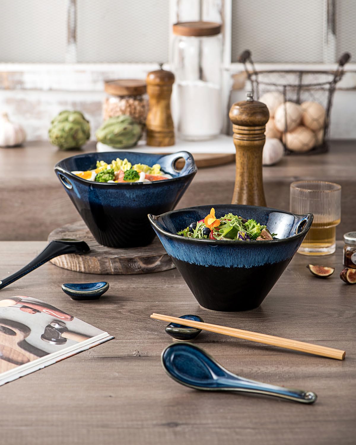 UNICASA Japanese Ramen Bowl Set with Chopsticks, Spoons and Rests, 26oz Deep Porcelain Noodle Bowl Set of 2 for Udon, Pho, Salad, Soup (Reactive Blue)