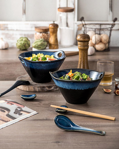UNICASA Japanese Ramen Bowl Set with Chopsticks, Spoons and Rests, 26oz Deep Porcelain Noodle Bowl Set of 2 for Udon, Pho, Salad, Soup (Reactive Blue)