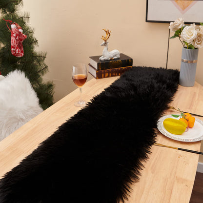 Table Runner, Modern Black Thanksgiving Fur Table Runners for Christmas Wedding Party Holiday Birthday Home Farmhouse Dining Coffee Table Decor, Decoration Rug Bed Runner for Table
