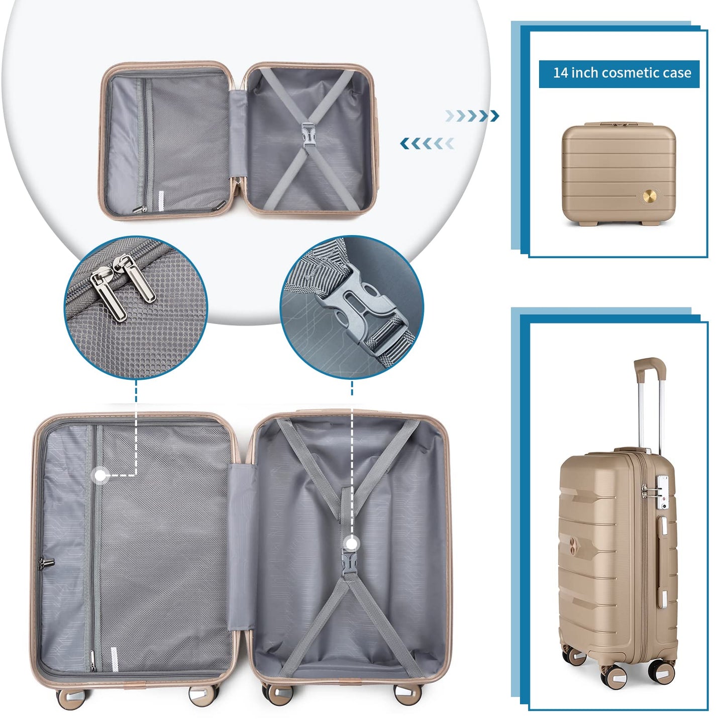 Somago 20" Carry On Luggage and 14" Mini Cosmetic Cases Travel Set Spinner Lightweight Polypropylene Suitcase with TSA Lock YKK Zipper Hardside Luggage Sets 2 Piece (Noble Golden, 2-Piece Set (14/20))