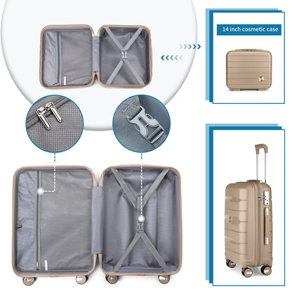 Somago 20" Carry On Luggage and 14" Mini Cosmetic Cases Travel Set Spinner Lightweight Polypropylene Suitcase with TSA Lock YKK Zipper Hardside Luggage Sets 2 Piece (Noble Golden, 2-Piece Set (14/20))