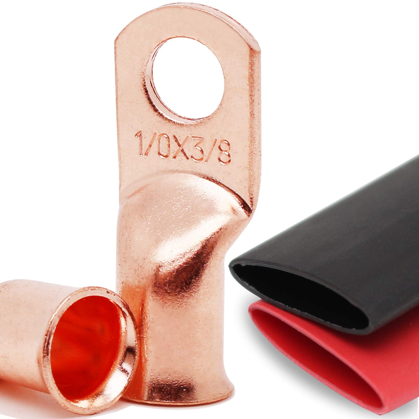 TKDMR 10pcs 1/0 AWG-3/8 Battery Lugs,Heavy Duty Wire Lugs,Ring Terminals,Battery Cable Ends,0 Guage terminals,Battery Terminal Connectors with 10pcs 3:1 Heat Shrink Tubing