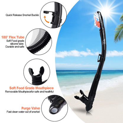 Snorkel Set Pano 3 Window Adult Snorkeling Gear, Professional Snorkel Goggles Anti-Fog Diving Mask, Anti-Leak Swim Goggles and Dry Top Snorkel for Diving, Snorkeling, Swimming (Black)