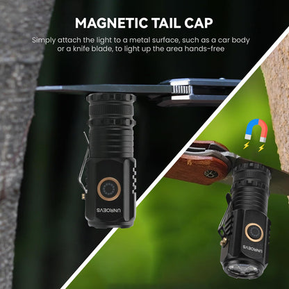 UNROEVS Mini LED Flashlight Rechargeable USB C Charging, Small Flashlights Powerful Max 2550 Lumens with 5 Light Modes, Pocket Light with Clip, Magnetic Flash Lightfor EDC,Camping, Hiking,Emergency