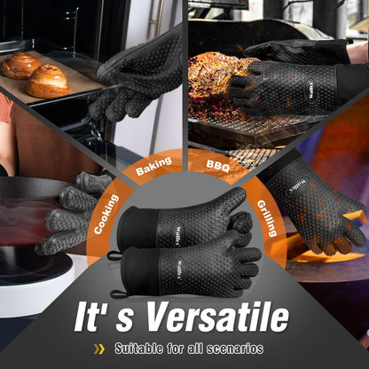 Walfos Silicone BBQ Gloves - Heat Resistant Grilling Gloves, Premium Non-Slip Kitchen Silicone Oven Mitt With Protective Cotton Layer Inside, Waterproof, Great for Grilling, Kitchen and Cooking, Black