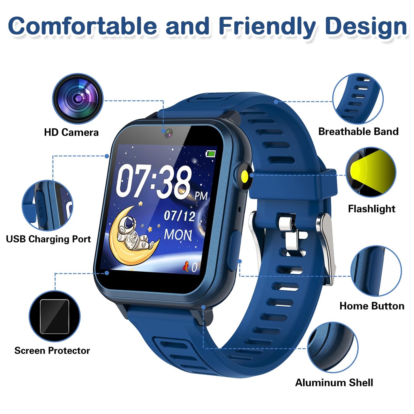 Cosjoype Kids Game Smart Watch for Kids with 24 Puzzle Games HD Touch Screen Camera Music Player Pedometer Alarm Clock Calculator Flashlight 12/24hr Kid Watch Gift for 4-12 Year Old Boys Toys for Kid