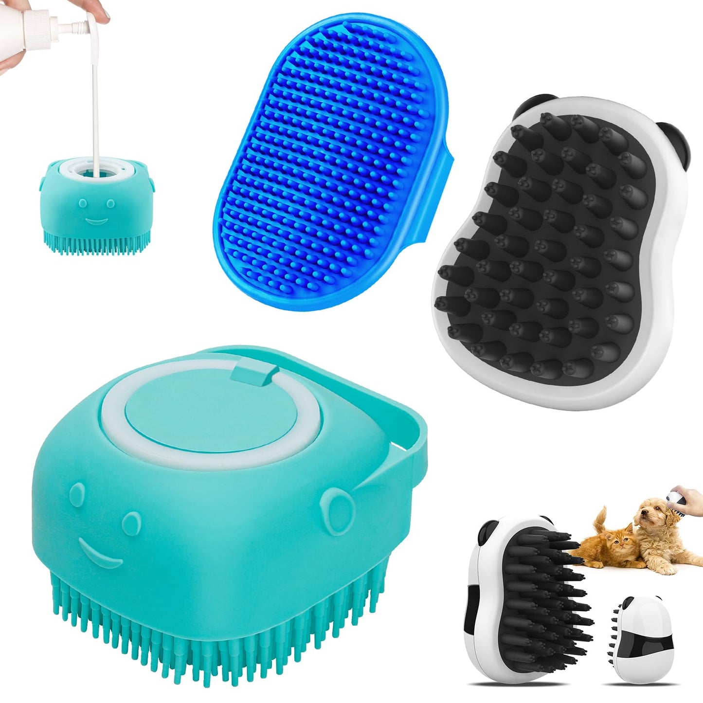 Comotech 3-in-1 Dog Grooming Brush | Adjustable Handle Shampoo Brush & Scrubber for Short & Long Haired Dogs & Cats (Blue Blue White)