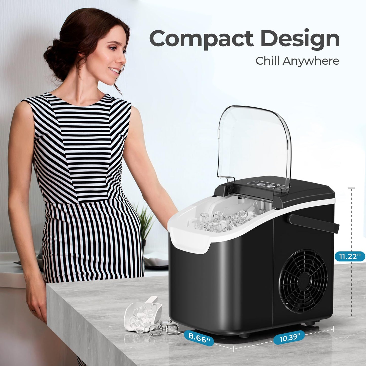 Antarctic Star Countertop Ice Maker Machine, 8 Ice Cubes in 6 mins, 26lb/Day Ice with 2 Sizes- Portable Mini, Energy Saving & Basket/Scoop for Home/Party/Travel/Camping/Bar, Dark Black