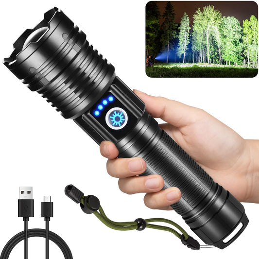 Flashlights High Lumens Rechargeable, Super Bright Flashlight, Adjustable Tactical Flashlight, 5Mode Flash Light High Powered, Waterproof LED Flashlight for Camping, Hiking, Home, Emergencies