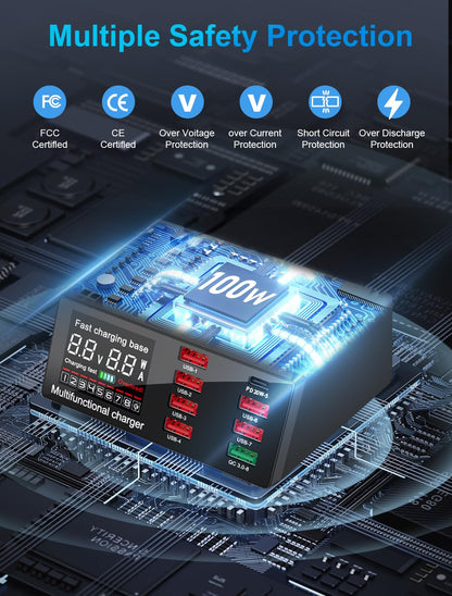 WANLONGXIN 100W 8-Port USB Qi Wireless Charging Station, QC3.0/PD Fast Charge for Phones Tablets USB Tools, Multi-Device Smart IC Desktop Organizer Hub