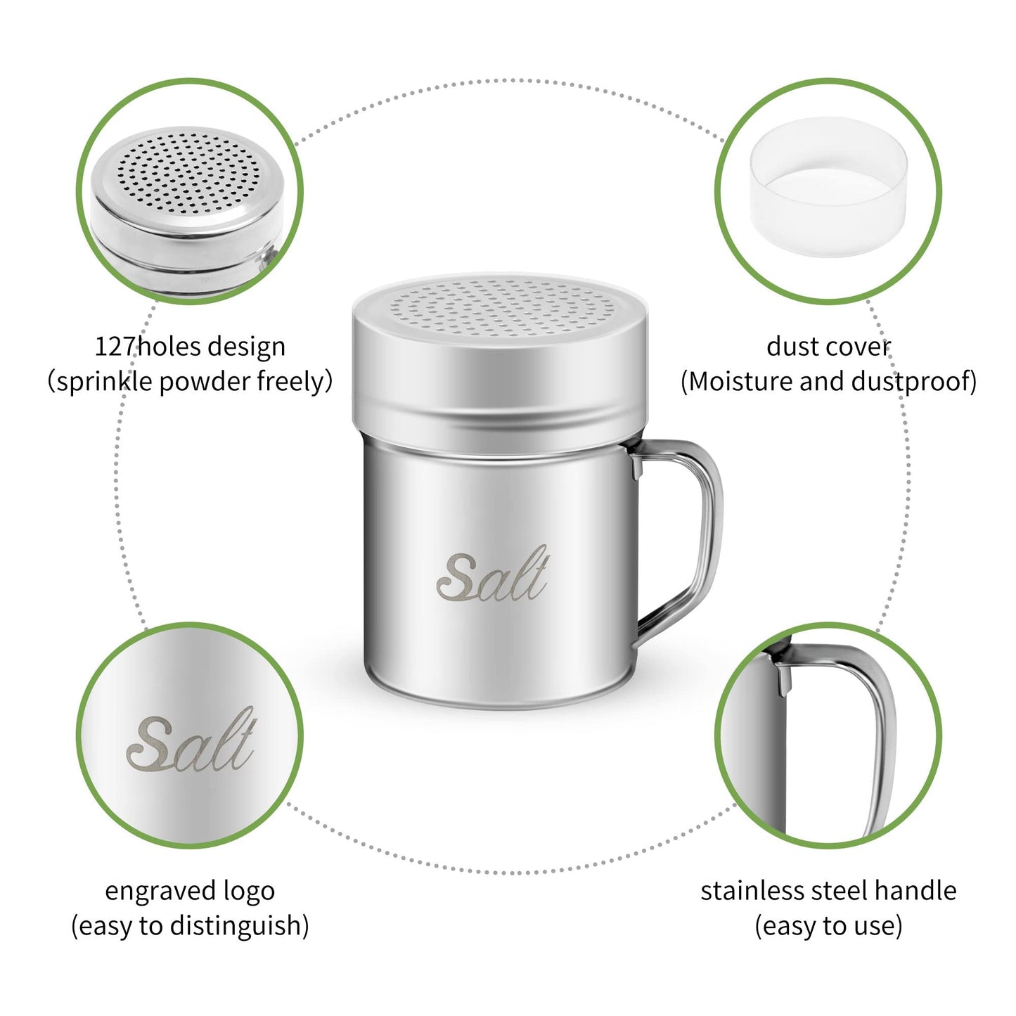 ZERUIDM Stainless Steel Salt and Pepper Shakers Set, 10 OZ Seasoning Spice Shaker with Lid and Handle 127 Holes, Metal Dredge Shaker for Powder Sugar Cooking Kitchen Baking (2 Pieces)