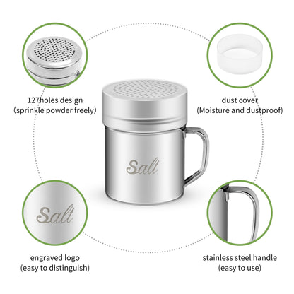 ZERUIDM Stainless Steel Salt and Pepper Shakers Set, 10 OZ Seasoning Spice Shaker with Lid and Handle 127 Holes, Metal Dredge Shaker for Powder Sugar Cooking Kitchen Baking (2 Pieces)