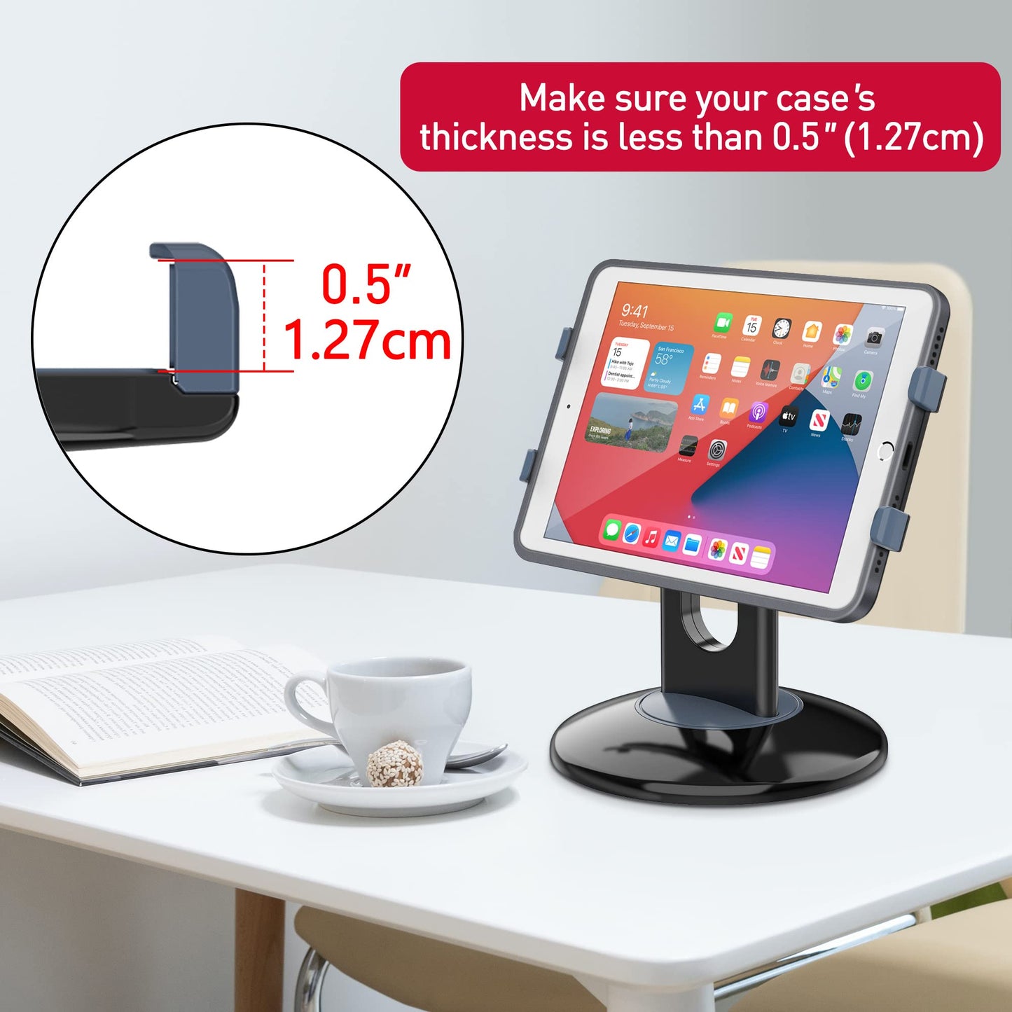AboveTEK Retail Kiosk iPad Stand, 360° Rotating Commercial POS Tablet Stand, Fits 6"-13" (Screens) iPad mini Pro-Business Swivel Tablet Holder, for Store Office Reception Kitchen Desktop (Black)