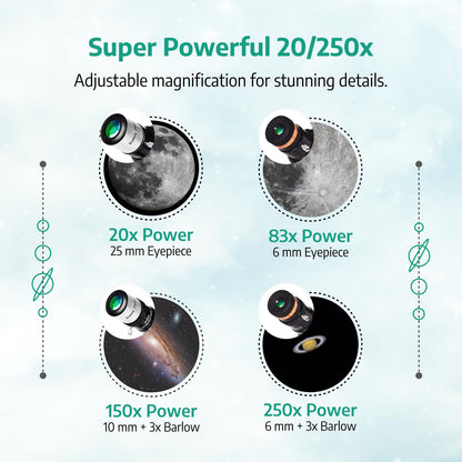 Slokey Discover The World Telescope for Astronomy for Adult Beginners - Professional, Portable and Powerful 20x-250x - Easy to Mount and Use - Astronomical Telescope for Moon, Planets and Stargazing