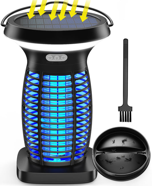 Solar Bug Zapper Outdoor, Mosquito Zapper Solar Powered, Electric Fly Zapper with Camping Lantern, Waterproof Insect Zapper, Cordless Mosquito Killer Lamp for Indoor Outdoor