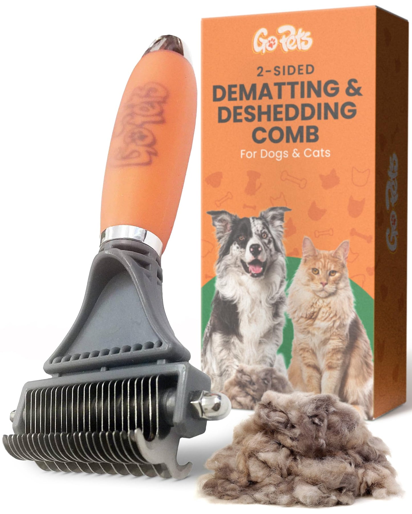 GoPets 2-Sided Dematting & Deshedding Comb for Dogs & Cats, Versatile Undercoat Detangler Brush for Shedding, Matted Hair & Fur Remover Tool, Stress-Free Pet Grooming Rake with Ergonomic Handle