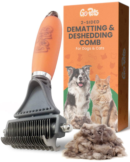 GoPets 2-Sided Dematting & Deshedding Comb for Dogs & Cats, Versatile Undercoat Detangler Brush for Shedding, Matted Hair & Fur Remover Tool, Stress-Free Pet Grooming Rake with Ergonomic Handle
