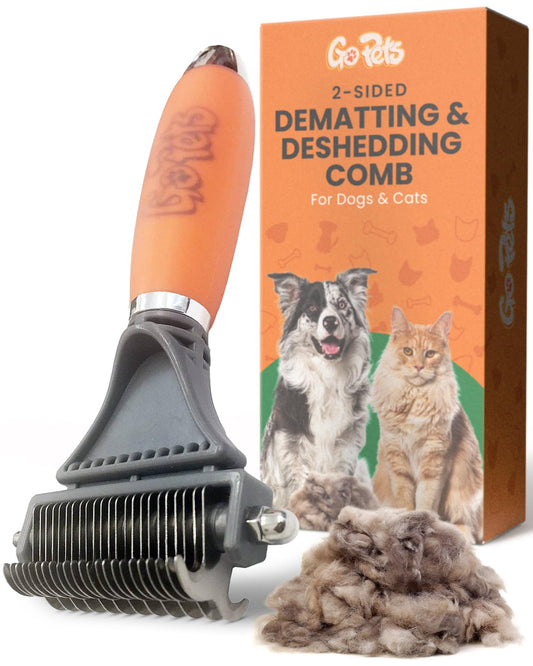 GoPets 2-Sided Dematting & Deshedding Comb for Dogs & Cats, Versatile Undercoat Detangler Brush for Shedding, Matted Hair & Fur Remover Tool, Stress-Free Pet Grooming Rake with Ergonomic Handle