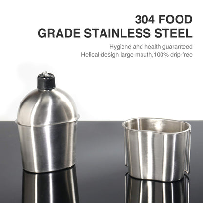 DARTMOOR G.I. Army Stainless Steel Canteen Military with Cup and Green Nylon Cover Waist Belt for Camping Hiking Climbing (Cup with Foldable Butterfly Handle)