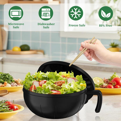 steo spce Large Ramen Bowl Set, 40 Oz Microwaveable Noodle Cooker with Leak-Proof Lids, Chopsticks, Spoon & Fork – Portable and Dishwasher Safe, Ideal for Home, Office, Dorm, or Gift Light (Black)