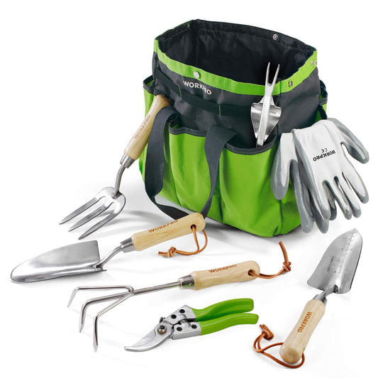 WORKPRO Garden Tools Set, 8 Piece, Stainless Steel Heavy Duty Gardening Tools with Wooden Handle, Including Garden Tote, Gloves, Trowel, Hand Weeder, Cultivator and More-Gardening Gifts For Women Men