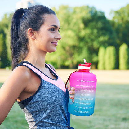 QuiFit Motivational Gallon Water Bottle - with Straw & Time Marker BPA Free Large Reusable Sport Water Jug with Handle for Fitness Outdoor Enthusiasts Leak-Proof (Pink/Blue,1 gallon)