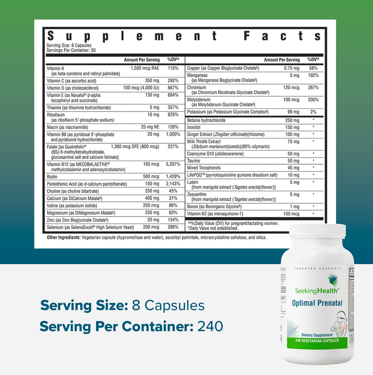 Seeking Health Optimal Prenatal, Women’s Vitamin with B12, Methylfolate, Choline, Methylation Support, Nutrients to Support Fertility, Pregnancy & Breastfeeding, Vegetarian Capsules (240 Capsules)